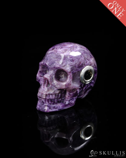 Skullis Signature Spiderweb Russian Charoite Gem Skull Pendant or Necklace Hand Carved Sterling Silver 925 Chain for