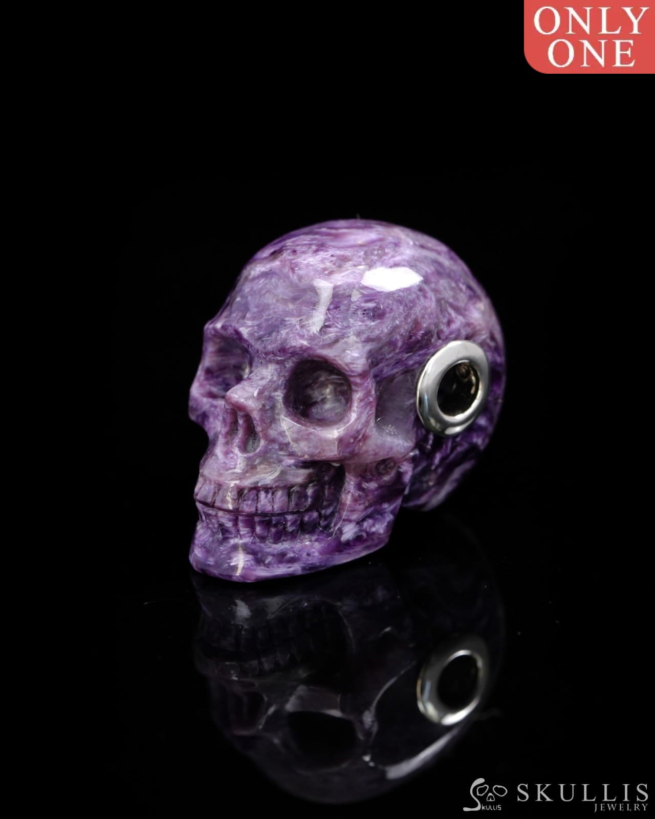 Skullis Signature Spiderweb Russian Charoite Gem Skull Pendant or Necklace Hand Carved Sterling Silver 925 Chain for