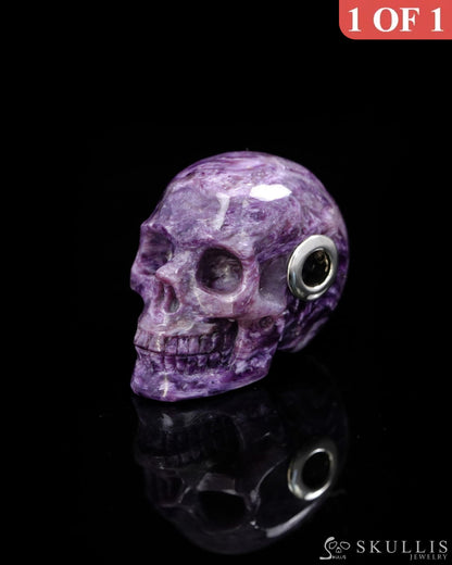 Skullis Signature Spiderweb Russian Charoite Gem Skull Pendant or Necklace Hand Carved Sterling Silver 925 Chain for