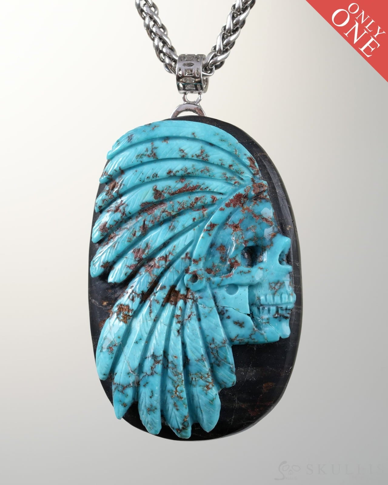 Skullis Signature Spiderweb Turquoise Gem Indian Skull Pendant or Necklace Hand Carved Sterling Silver 925 Chain for