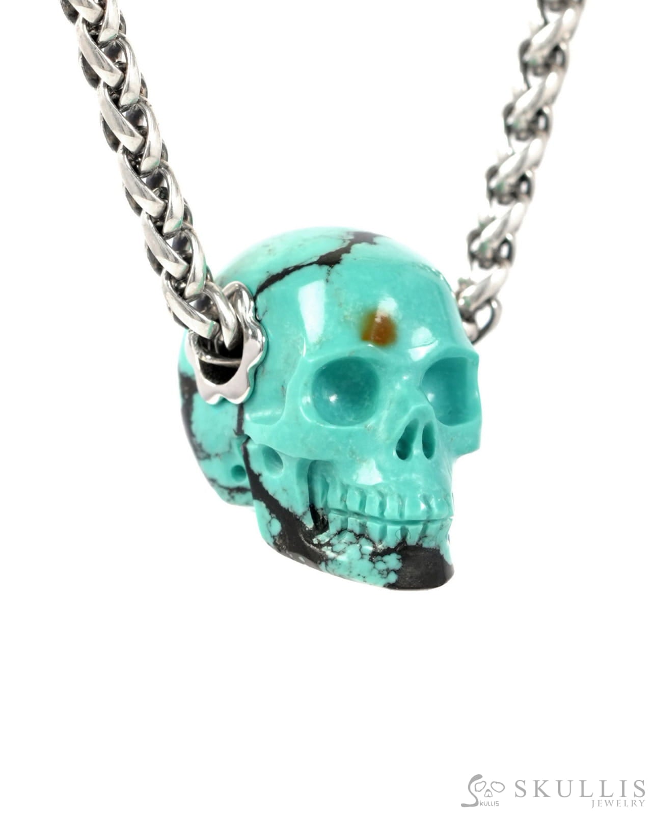 Skullis Signature Spiderweb Turquoise Gem Skull Pendant or Necklace Hand Carved Sterling Silver 925 Chain for Women &