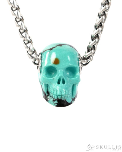 Skullis Signature Spiderweb Turquoise Gem Skull Pendant or Necklace Hand Carved Sterling Silver 925 Chain for Women &