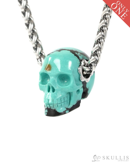 Skullis Signature Spiderweb Turquoise Gem Skull Pendant or Necklace Hand Carved Sterling Silver 925 Chain for Women &