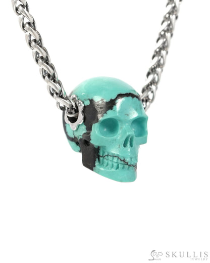 Skullis Signature Spiderweb Turquoise Gem Skull Pendant or Necklace Hand Carved Sterling Silver 925 Chain for Women &
