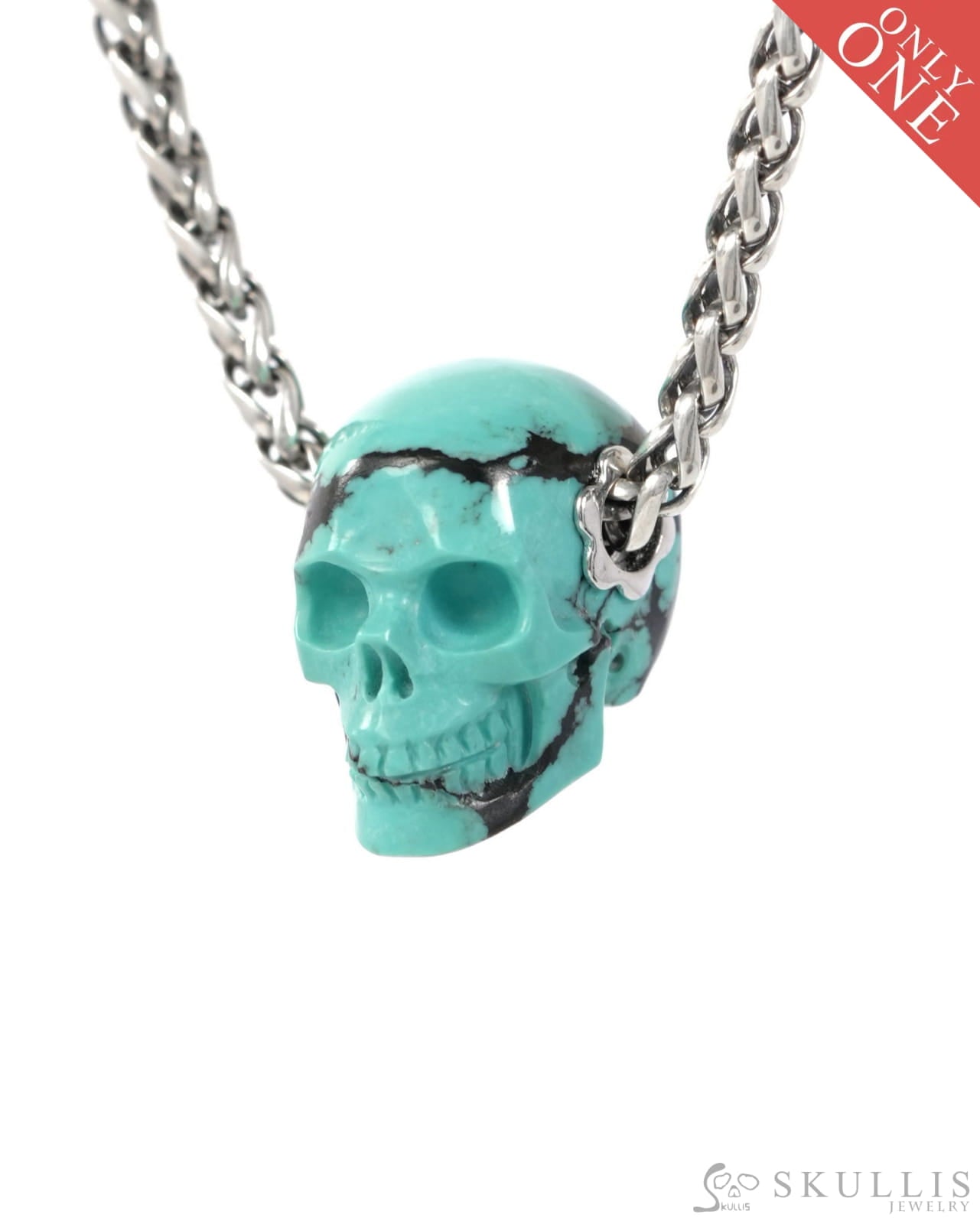 Skullis Signature Spiderweb Turquoise Gem Skull Pendant or Necklace Hand Carved Sterling Silver 925 Chain for Women &