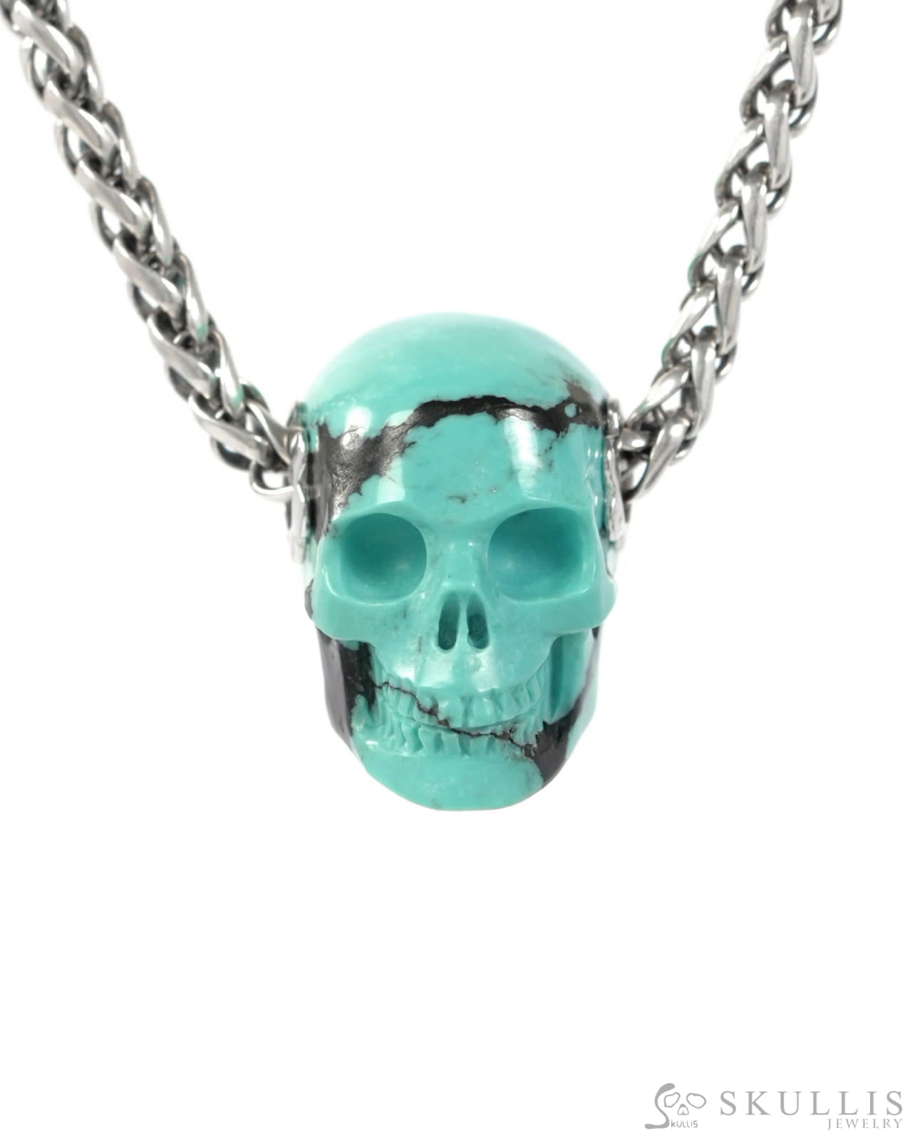 Skullis Signature Spiderweb Turquoise Gem Skull Pendant or Necklace Hand Carved Sterling Silver 925 Chain for Women &