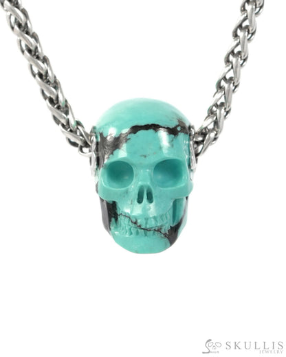 Skullis Signature Spiderweb Turquoise Gem Skull Pendant or Necklace Hand Carved Sterling Silver 925 Chain for Women &