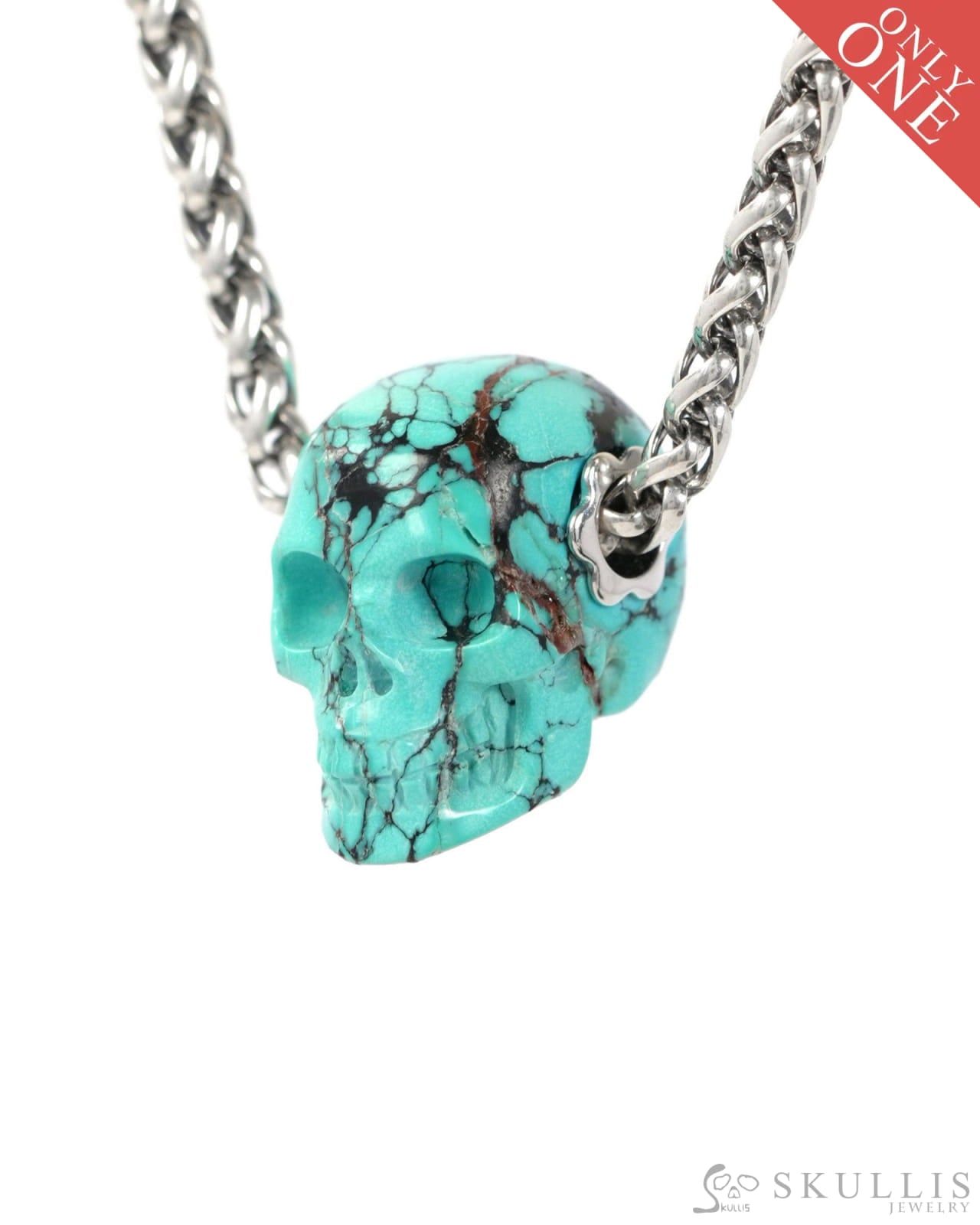 Skullis Signature Spiderweb Turquoise Gem Skull Pendant or Necklace Hand Carved Sterling Silver 925 Chain for Women &