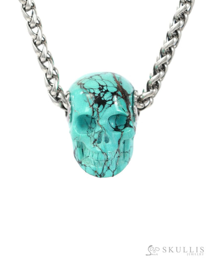 Skullis Signature Spiderweb Turquoise Gem Skull Pendant or Necklace Hand Carved Sterling Silver 925 Chain for Women &