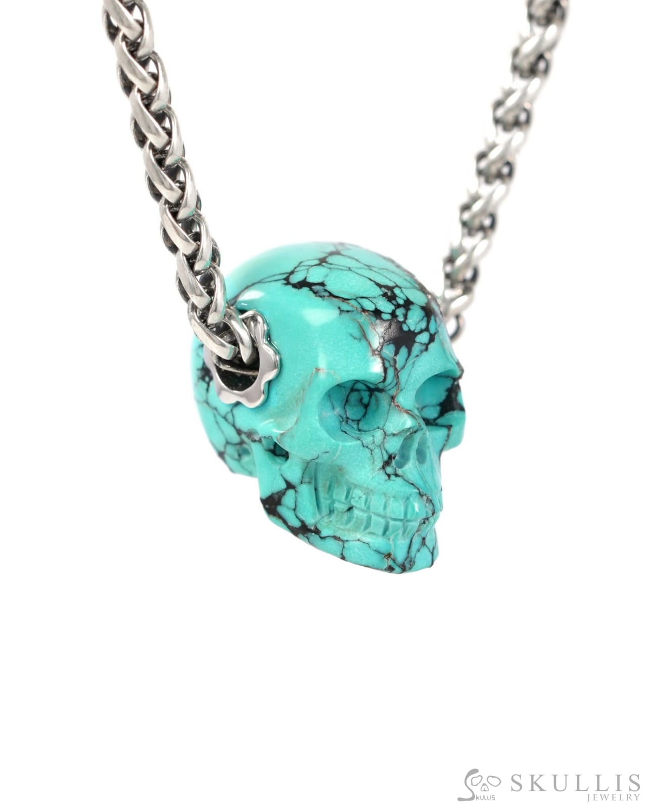 Skullis Signature Spiderweb Turquoise Gem Skull Pendant or Necklace Hand Carved Sterling Silver 925 Chain for Women &