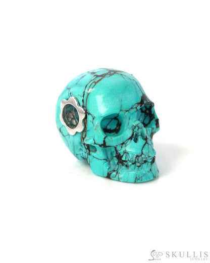 Skullis Signature Spiderweb Turquoise Gem Skull Pendant or Necklace Hand Carved Sterling Silver 925 Chain for Women &