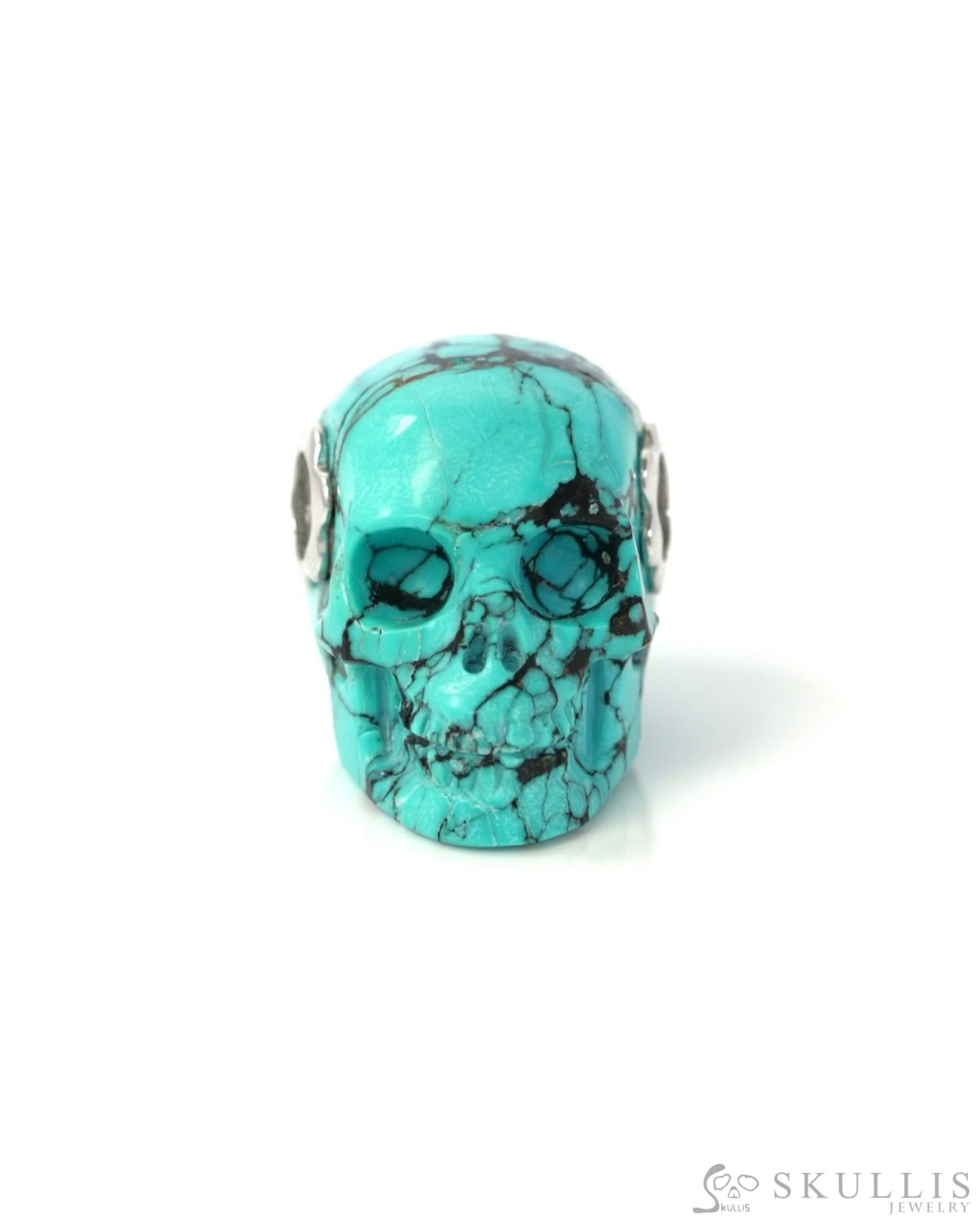 Skullis Signature Spiderweb Turquoise Gem Skull Pendant or Necklace Hand Carved Sterling Silver 925 Chain for Women &