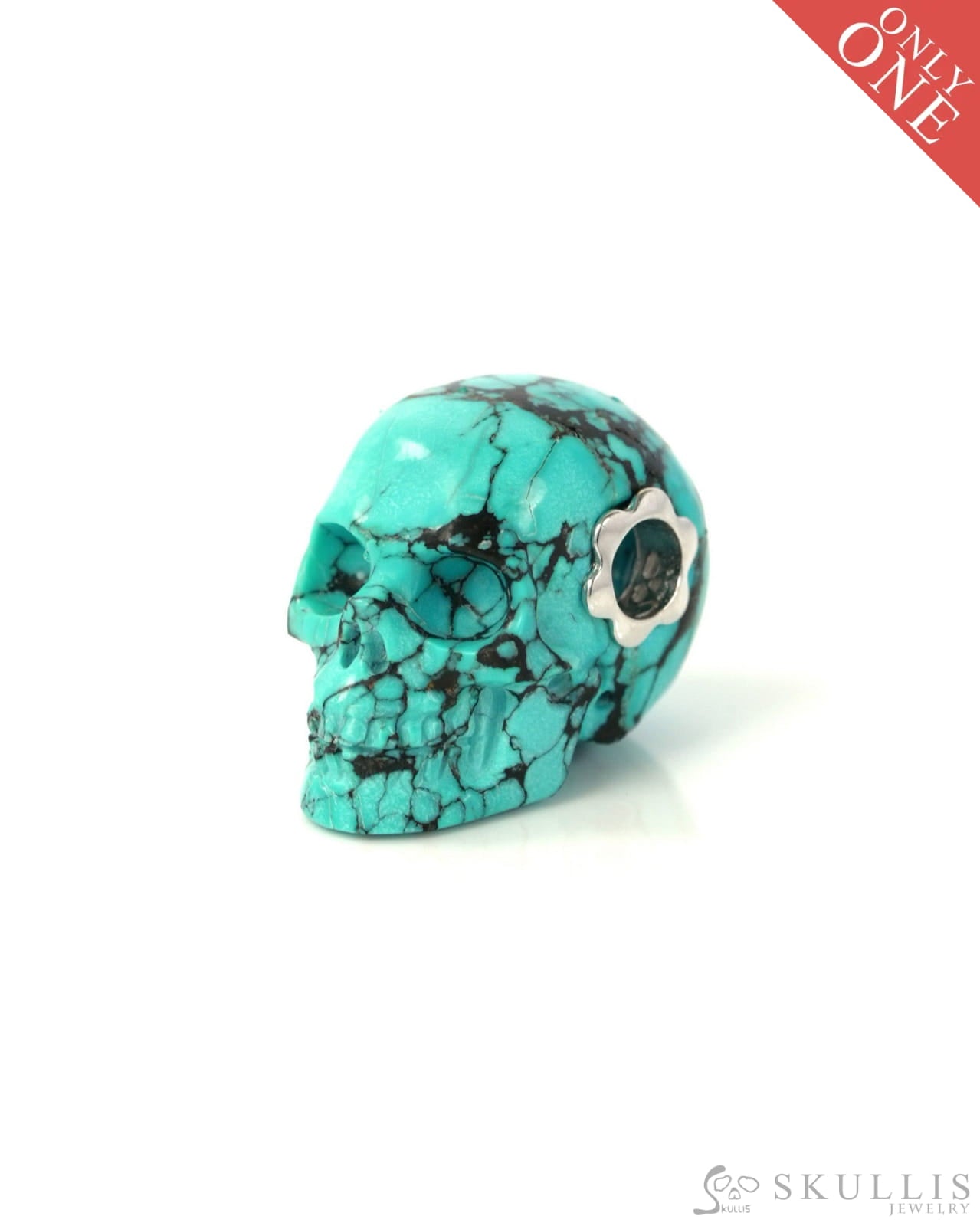 Skullis Signature Spiderweb Turquoise Gem Skull Pendant or Necklace Hand Carved Sterling Silver 925 Chain for Women &