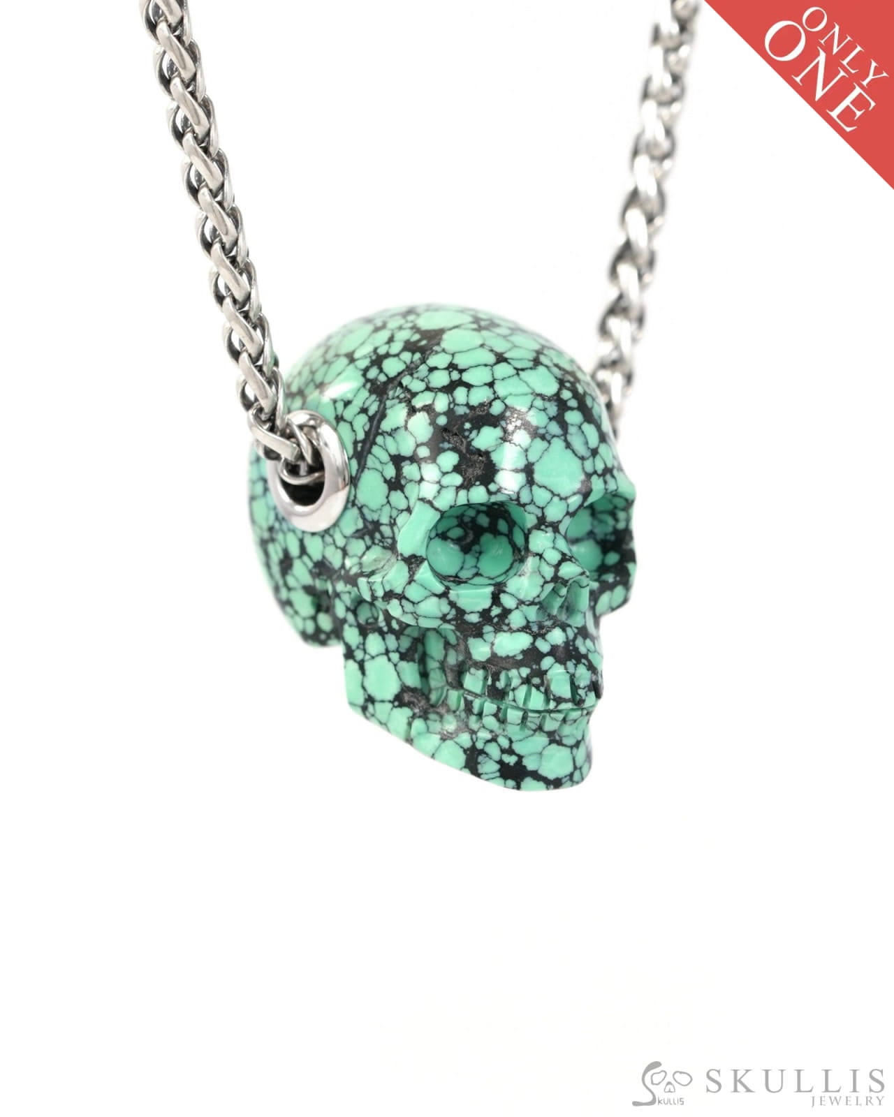 Skullis Signature Spiderweb Turquoise Gem Skull Pendant or Necklace Hand Carved Sterling Silver 925 Chain for Women &