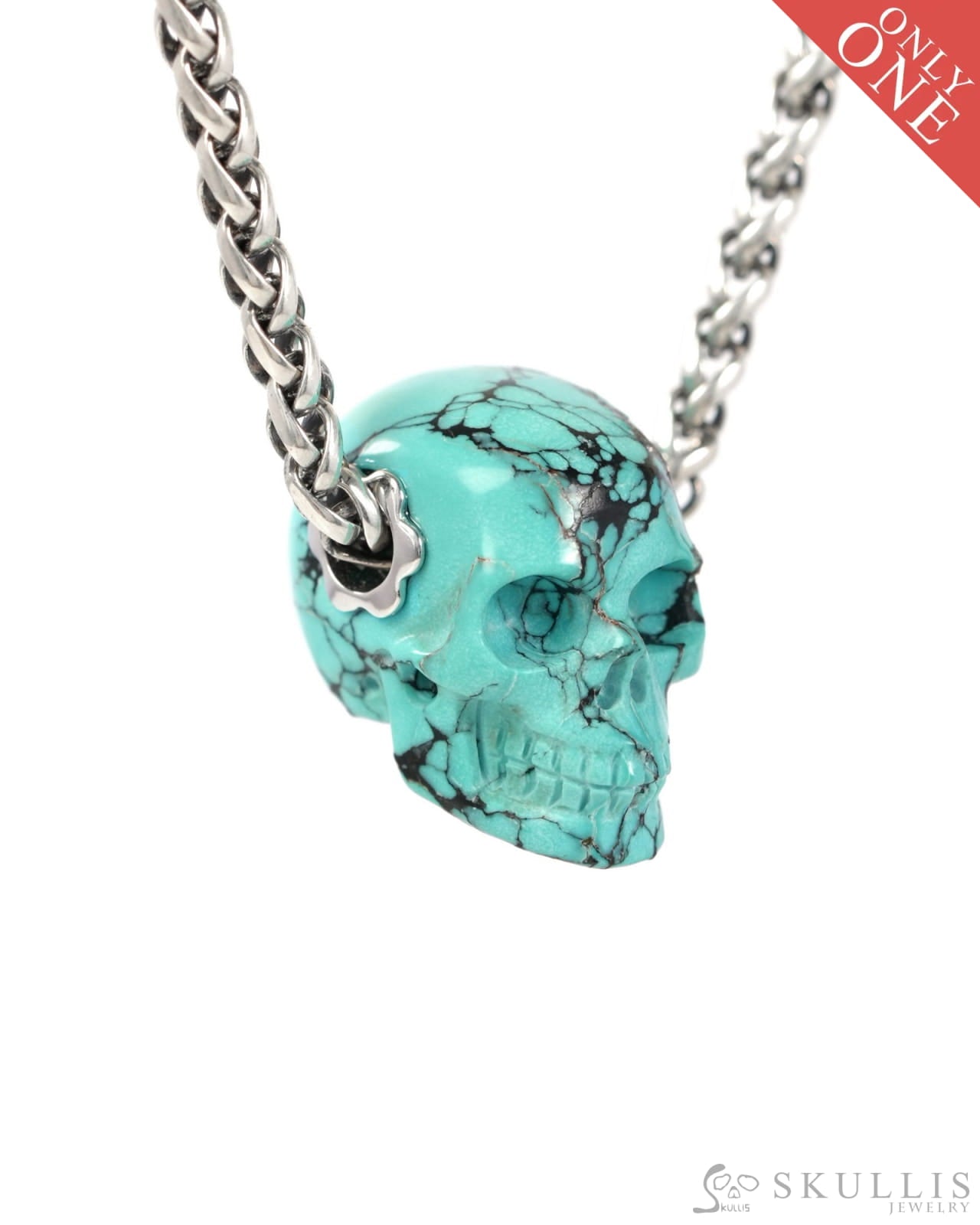Skullis Signature Spiderweb Turquoise Gem Skull Pendant or Necklace Hand Carved Sterling Silver 925 Chain for Women &