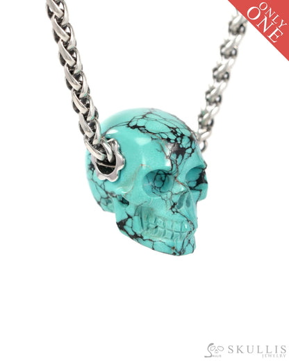 Skullis Signature Spiderweb Turquoise Gem Skull Pendant or Necklace Hand Carved Sterling Silver 925 Chain for Women &