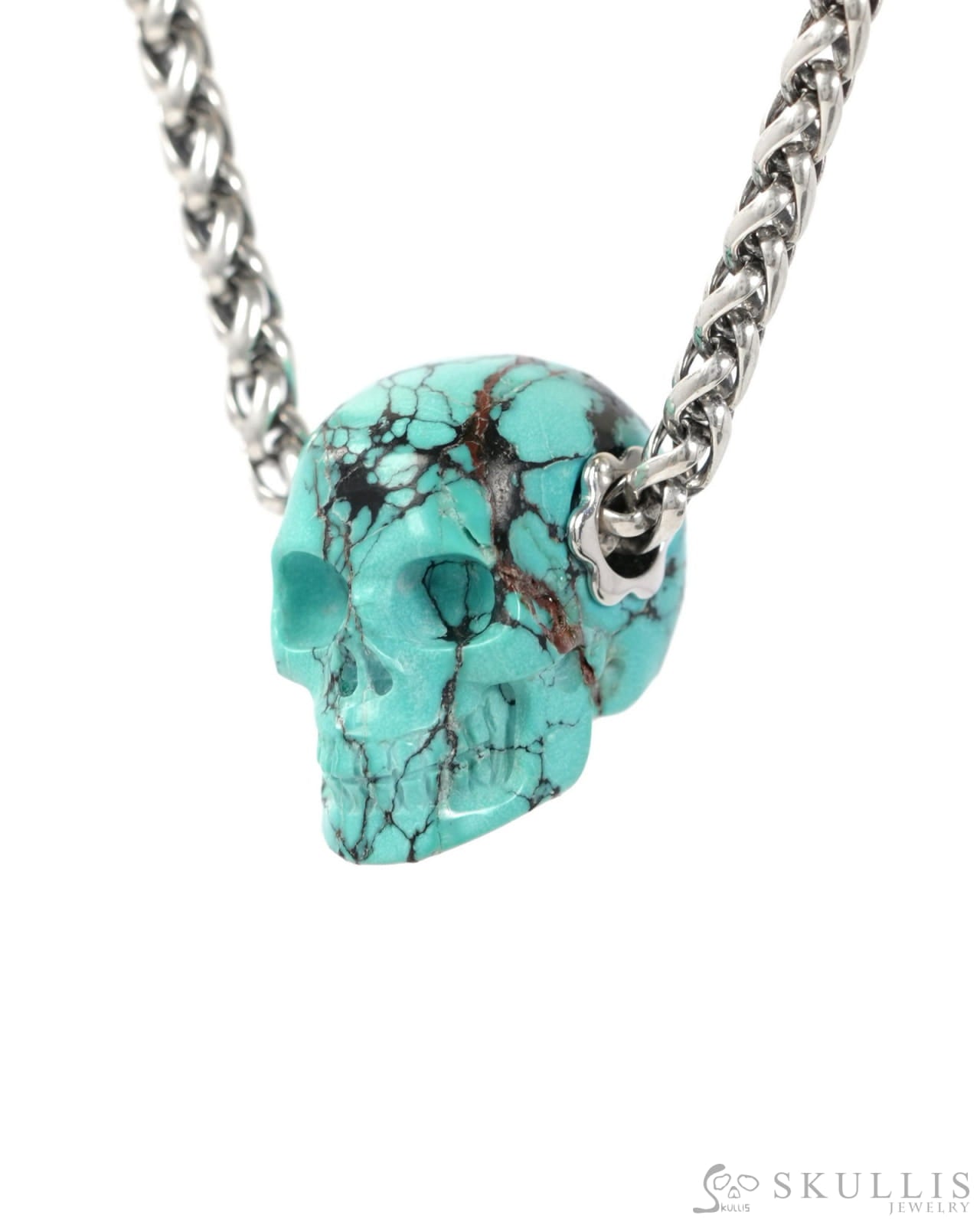 Skullis Signature Spiderweb Turquoise Gem Skull Pendant or Necklace Hand Carved Sterling Silver 925 Chain for Women &