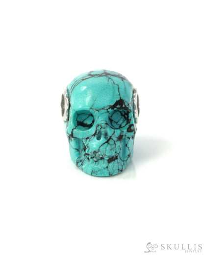 Skullis Signature Spiderweb Turquoise Gem Skull Pendant or Necklace Hand Carved Sterling Silver 925 Chain for Women &