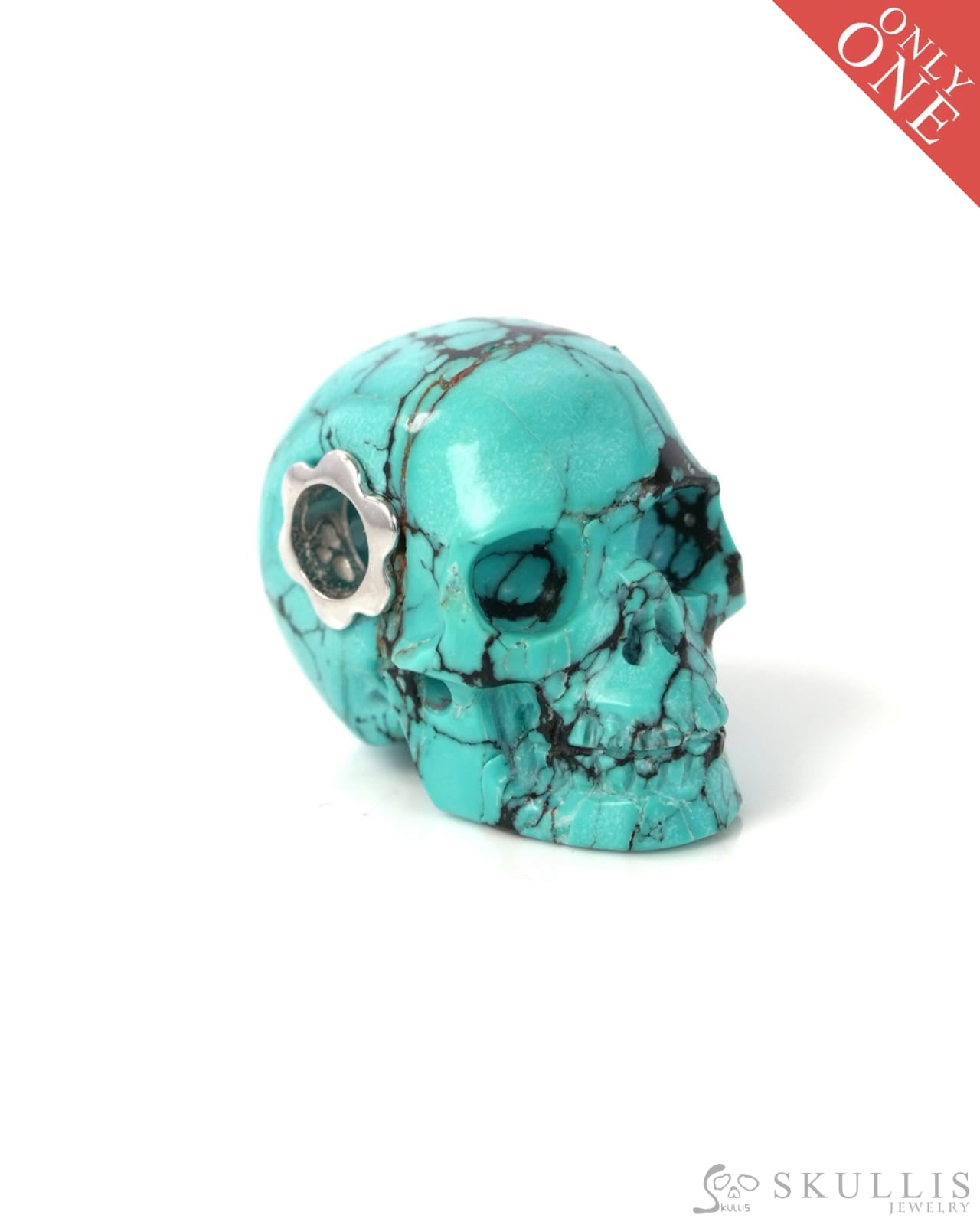 Skullis Signature Spiderweb Turquoise Gem Skull Pendant or Necklace Hand Carved Sterling Silver 925 Chain for Women &