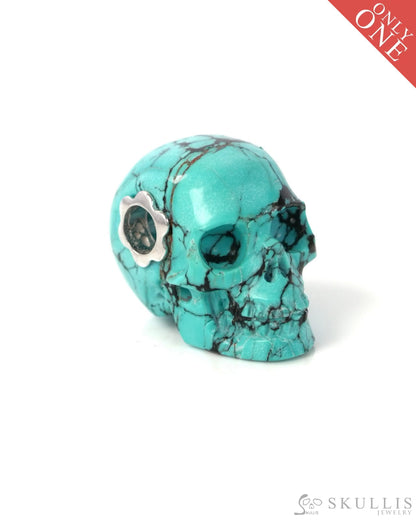Skullis Signature Spiderweb Turquoise Gem Skull Pendant or Necklace Hand Carved Sterling Silver 925 Chain for Women &