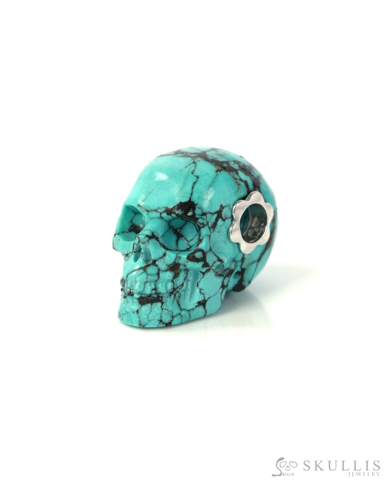 Skullis Signature Spiderweb Turquoise Gem Skull Pendant or Necklace Hand Carved Sterling Silver 925 Chain for Women &