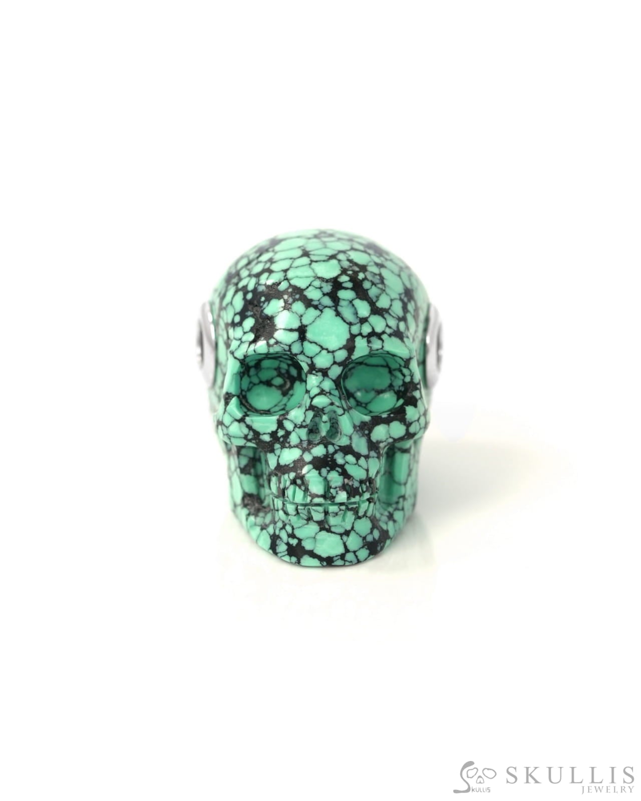 Skullis Signature Spiderweb Turquoise Gem Skull Pendant or Necklace Hand Carved Sterling Silver 925 Chain for Women &