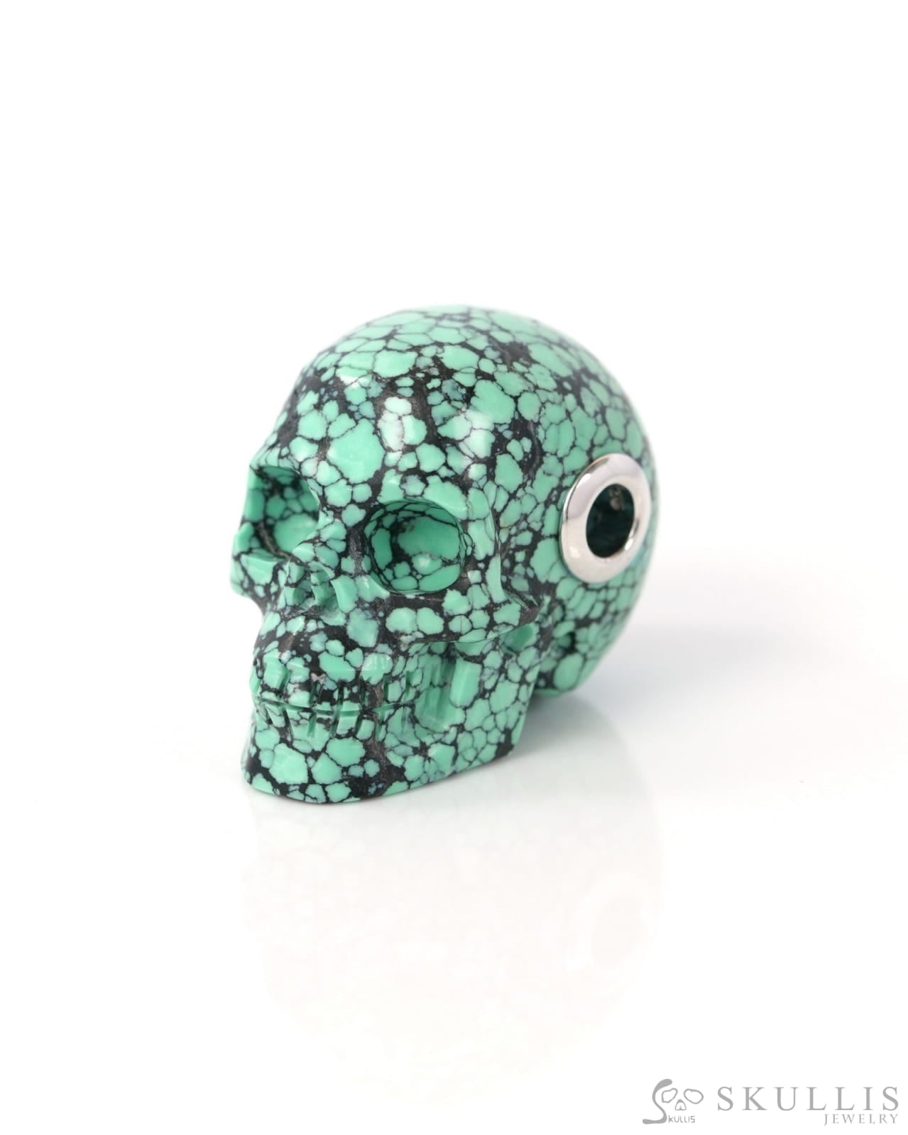 Skullis Signature Spiderweb Turquoise Gem Skull Pendant or Necklace Hand Carved Sterling Silver 925 Chain for Women &
