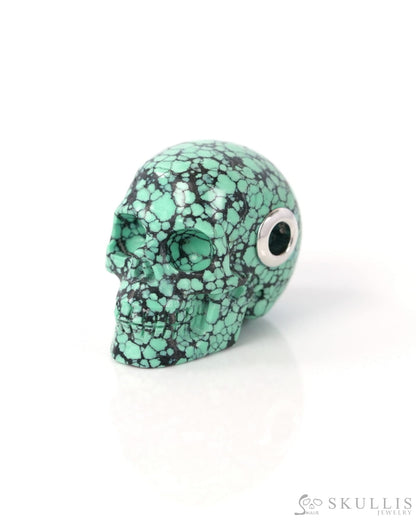 Skullis Signature Spiderweb Turquoise Gem Skull Pendant or Necklace Hand Carved Sterling Silver 925 Chain for Women &