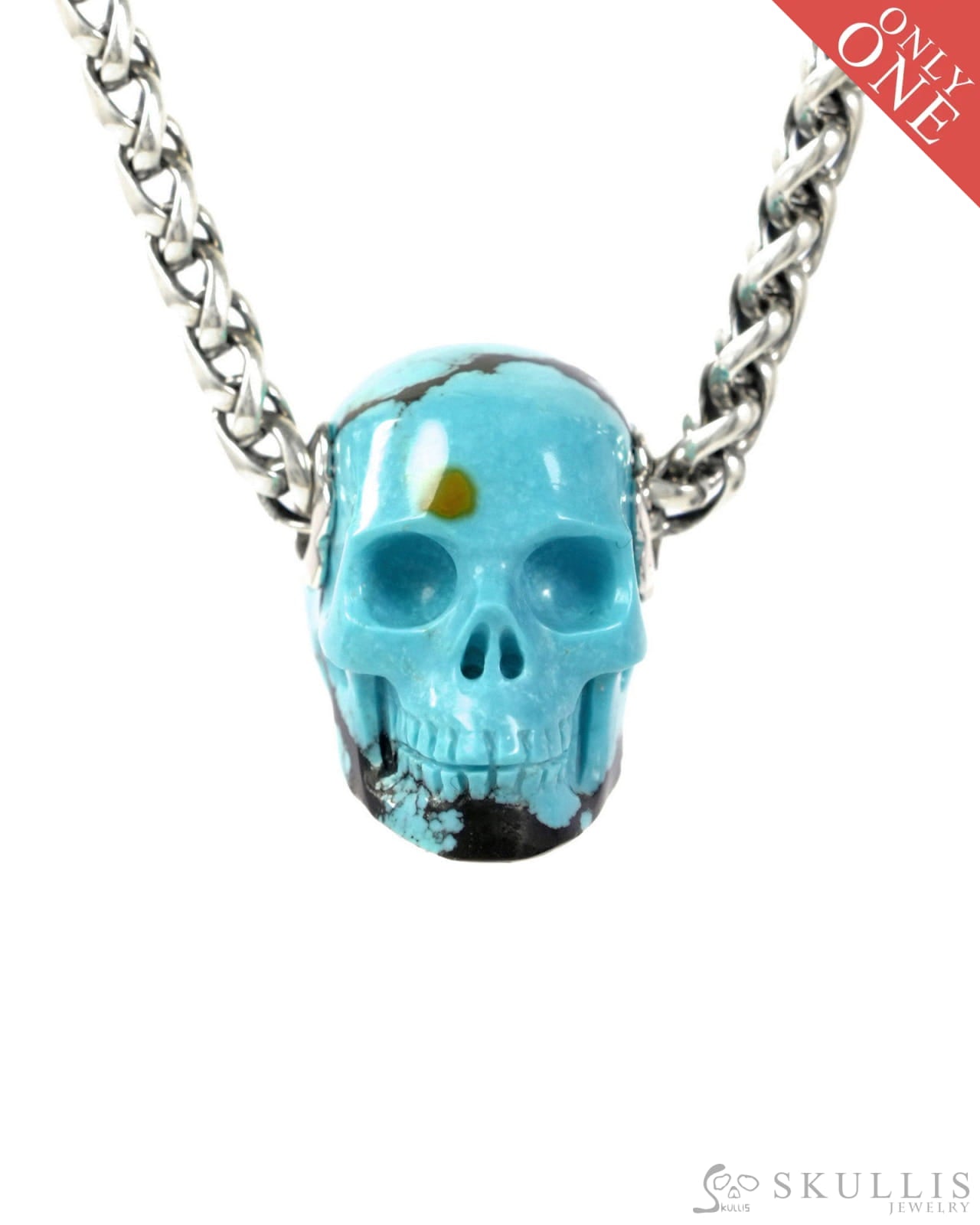 Skullis Signature Spiderweb Turquoise (Matrix Turquoise) Gem Skull Pendant or Necklace Hand Carved for Women & Men