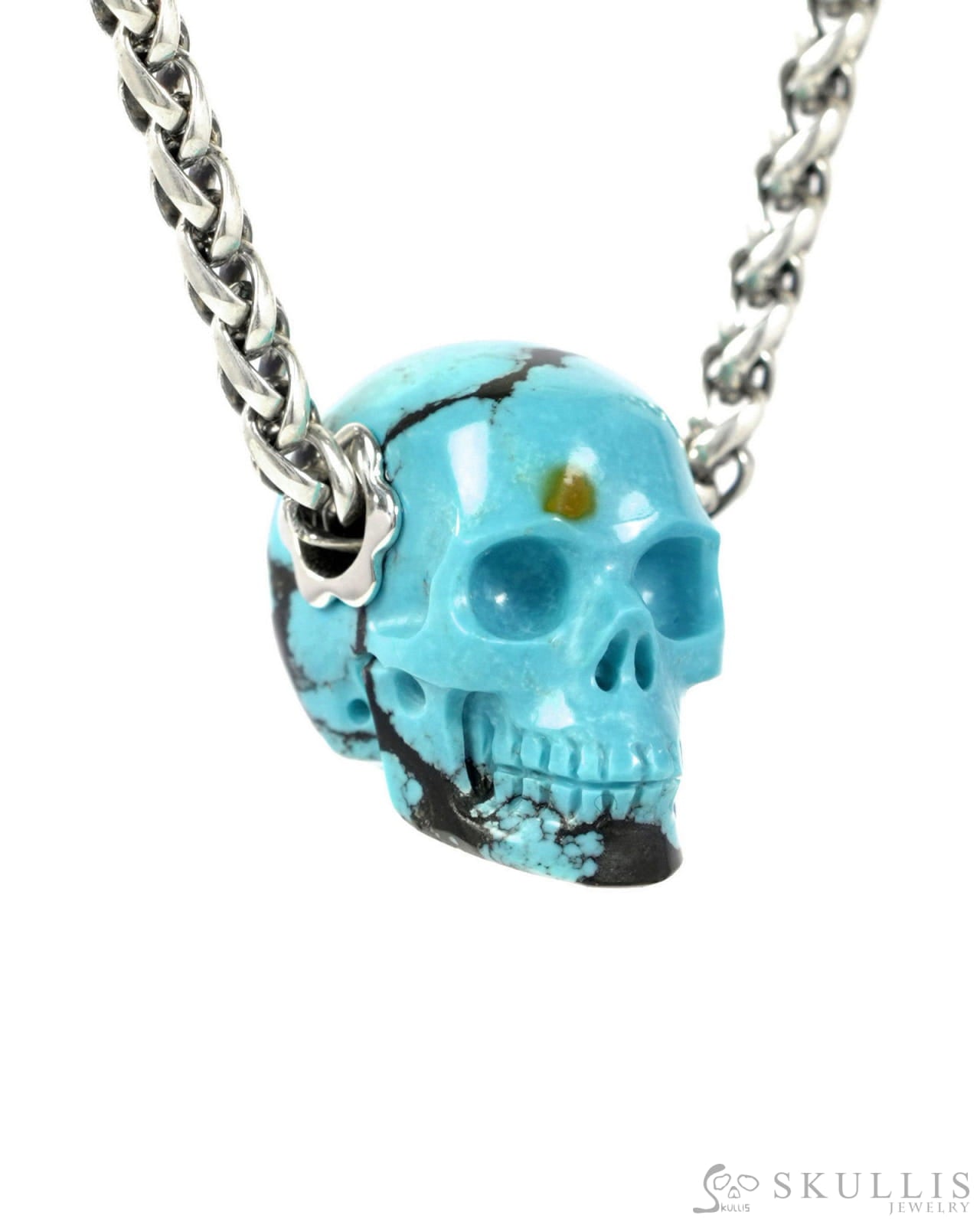 Skullis Signature Spiderweb Turquoise (Matrix Turquoise) Gem Skull Pendant or Necklace Hand Carved for Women & Men