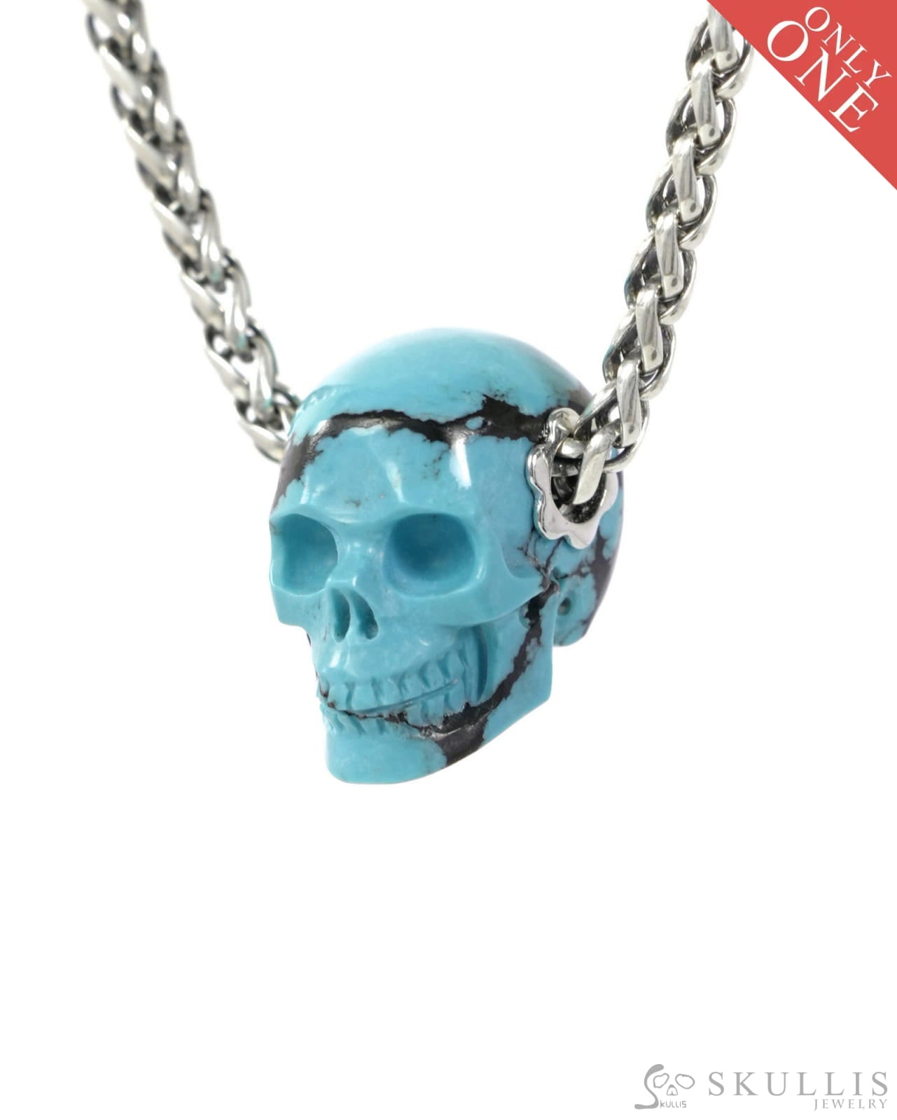 Skullis Signature Spiderweb Turquoise (Matrix Turquoise) Gem Skull Pendant or Necklace Hand Carved for Women & Men