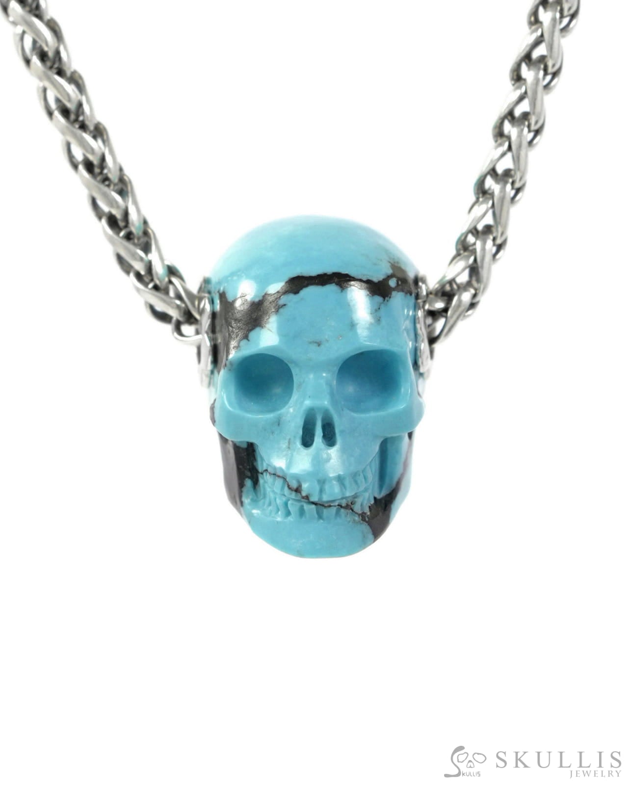 Skullis Signature Spiderweb Turquoise (Matrix Turquoise) Gem Skull Pendant or Necklace Hand Carved for Women & Men