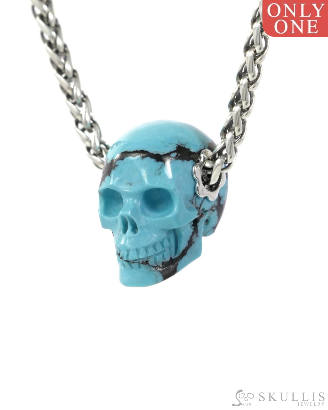 Skullis Signature Spiderweb Turquoise (Matrix Turquoise) Gem Skull Pendant or Necklace Hand Carved for Women & Men