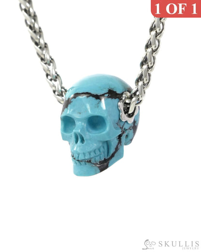 Skullis Signature Spiderweb Turquoise (Matrix Turquoise) Gem Skull Pendant or Necklace Hand Carved for Women & Men