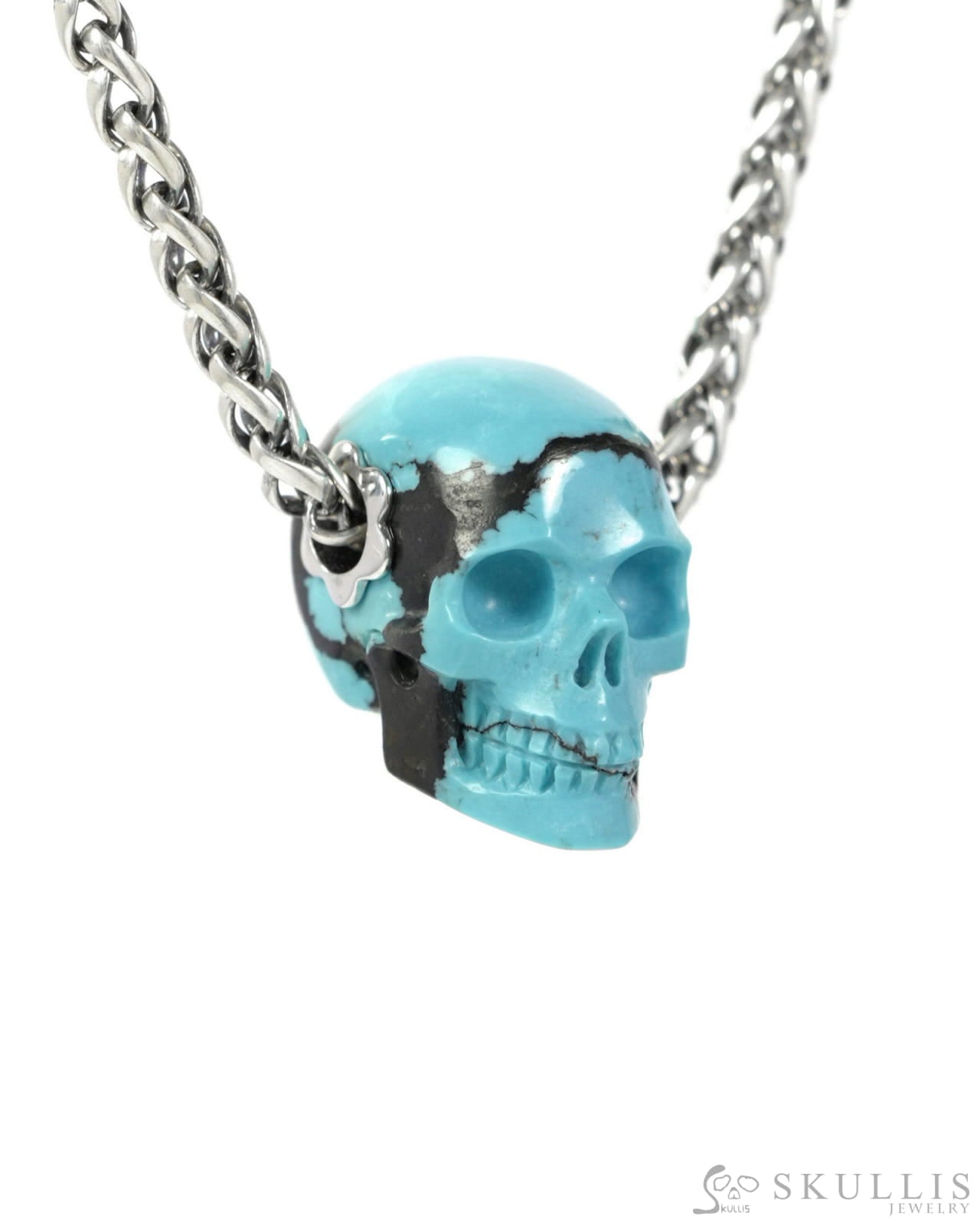 Skullis Signature Spiderweb Turquoise (Matrix Turquoise) Gem Skull Pendant or Necklace Hand Carved for Women & Men
