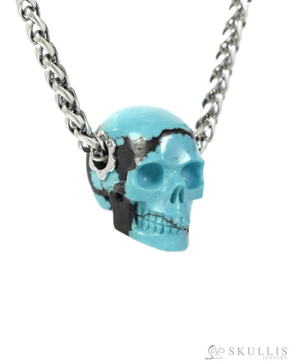Skullis Signature Spiderweb Turquoise (Matrix Turquoise) Gem Skull Pendant or Necklace Hand Carved for Women & Men