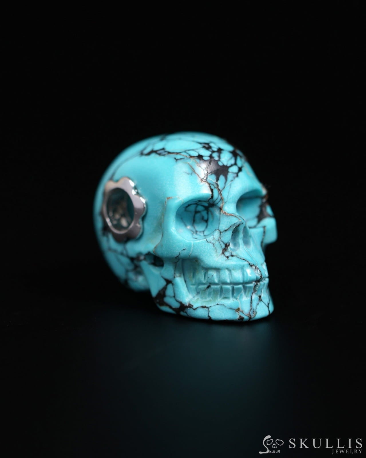 Skullis Signature Spiderweb Turquoise (Matrix Turquoise) Gem Skull Pendant or Necklace Hand Carved for Women & Men