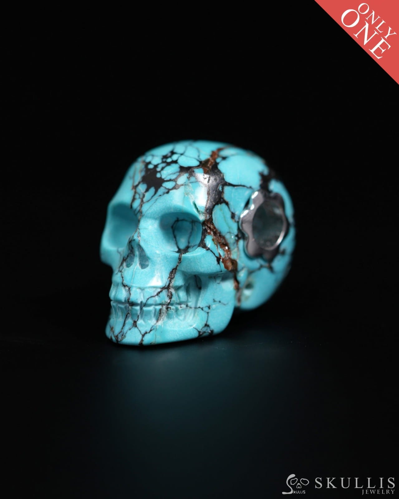 Skullis Signature Spiderweb Turquoise (Matrix Turquoise) Gem Skull Pendant or Necklace Hand Carved for Women & Men