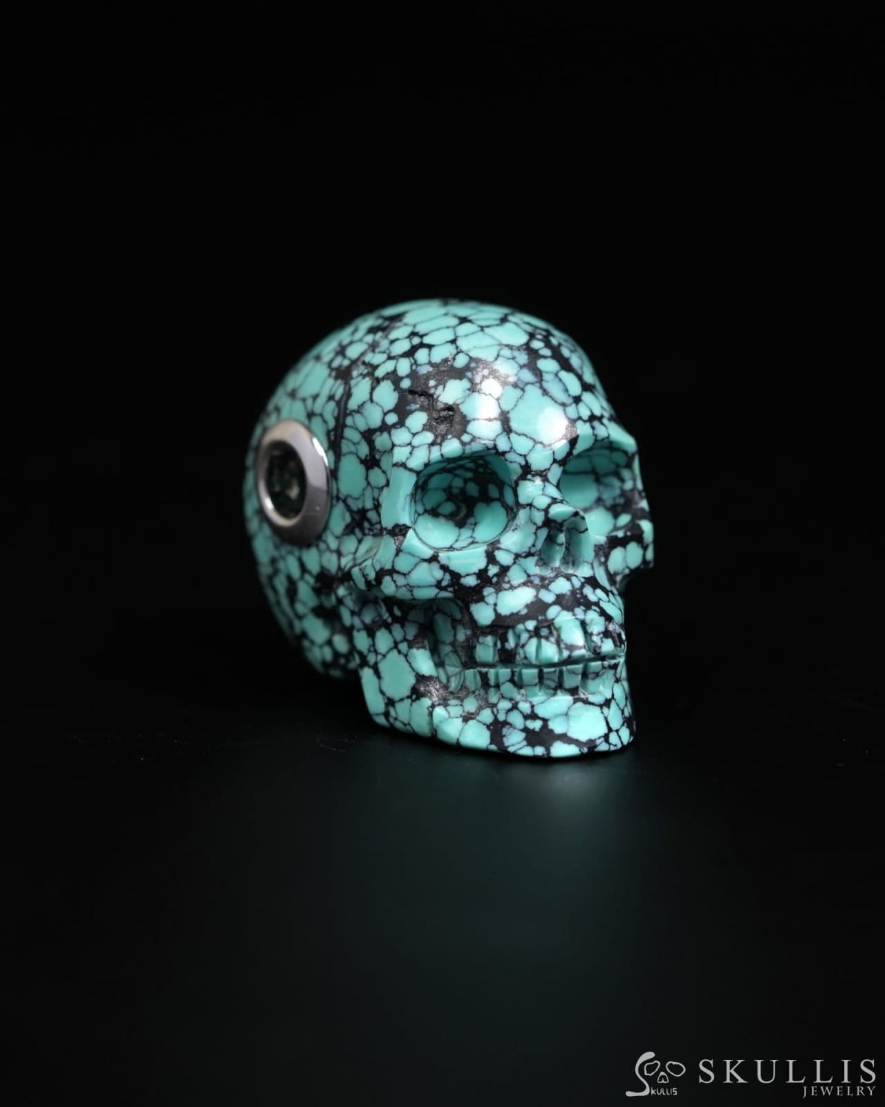 Skullis Signature Spiderweb Turquoise (Matrix Turquoise) Gem Skull Pendant or Necklace Hand Carved for Women & Men