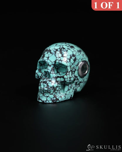 Skullis Signature Spiderweb Turquoise (Matrix Turquoise) Gem Skull Pendant or Necklace Hand Carved for Women & Men