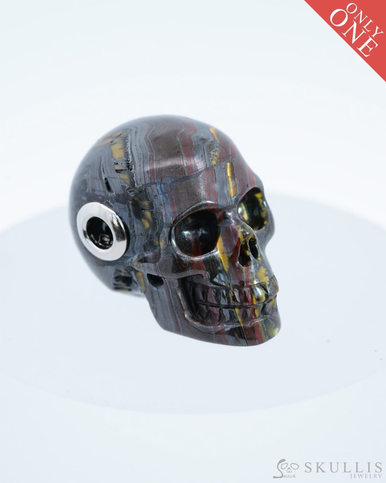 Skullis Signature Colorful Tiger Iron Eye Gem Skull Pendant Or Necklace Hand Carved Sterling Silver