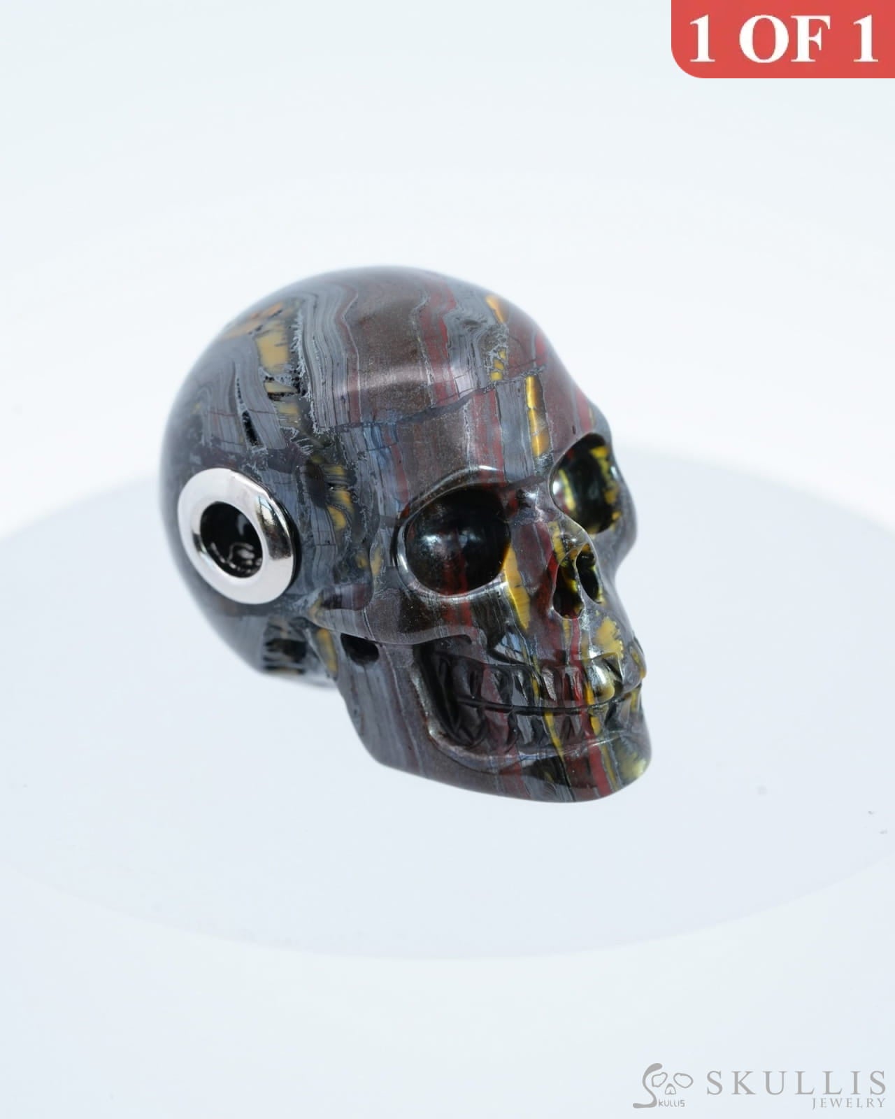 Skullis Signature Colorful Tiger Iron Eye Gem Skull Pendant Or Necklace Hand Carved Sterling Silver