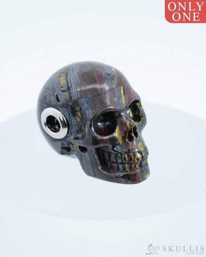Skullis Signature Colorful Tiger Iron Eye Gem Skull Pendant Or Necklace Hand Carved Sterling Silver