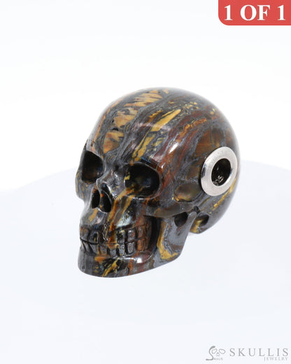 Gem Skull Pendant Necklace Of Tiger Iron Eye Carved Skull With Ruby Eyes Octopus In