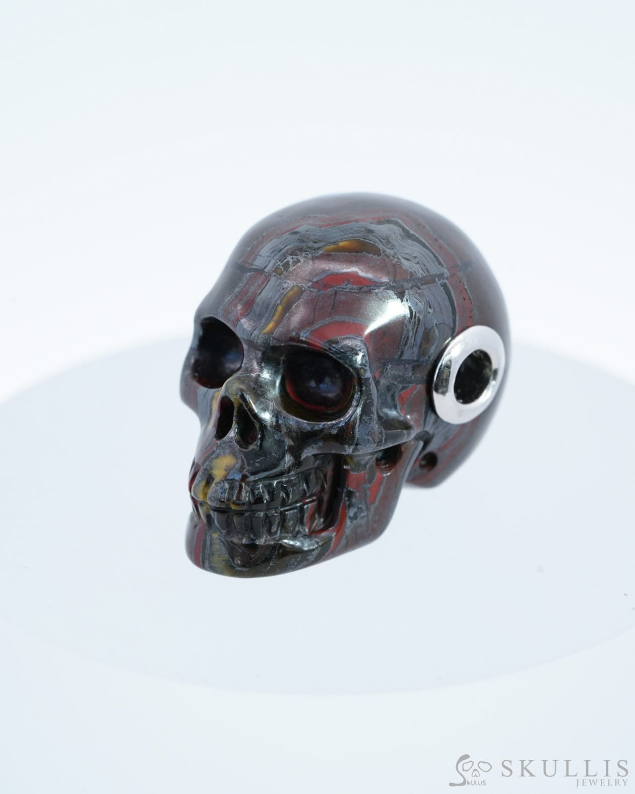 Skullis Signature Colorful Tiger Iron Eye Gem Skull Pendant Or Necklace Hand Carved Sterling Silver