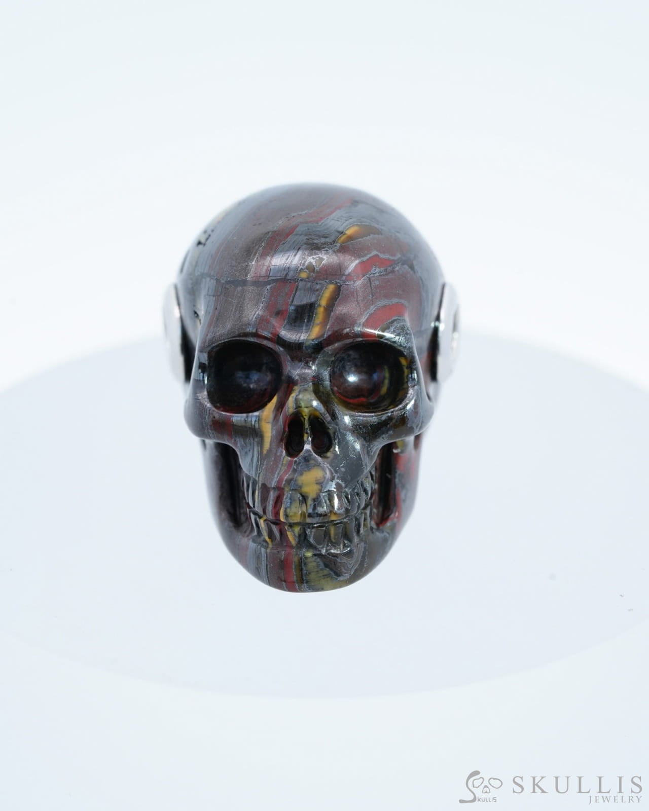 Skullis Signature Colorful Tiger Iron Eye Gem Skull Pendant Or Necklace Hand Carved Sterling Silver