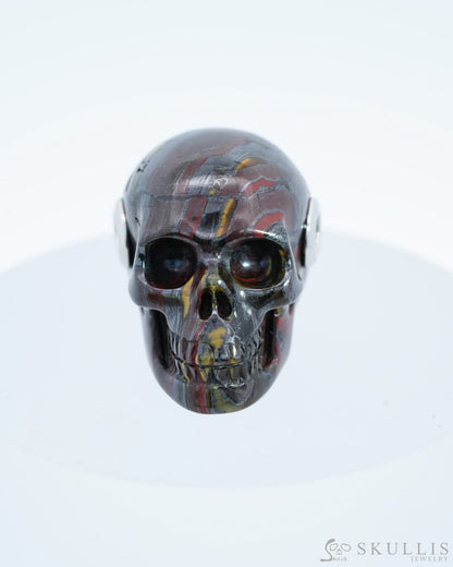 Skullis Signature Colorful Tiger Iron Eye Gem Skull Pendant Or Necklace Hand Carved Sterling Silver