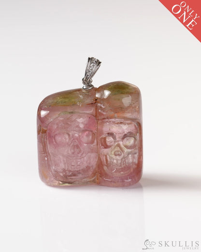 Skullis Signature Tourmaline Gem Skull Pendant or Necklace Hand Carved Sterling Silver 925 Chain for Women & Men