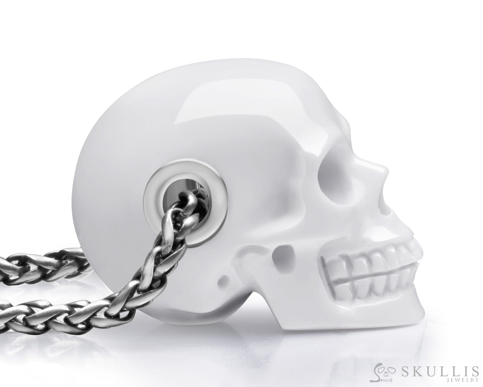 Skullis Signature White Jasper Gem Skull Pendant or Necklace Hand Carved Sterling Silver 925 Chain for Women & Men