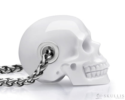 Skullis Signature White Jasper Gem Skull Pendant or Necklace Hand Carved Sterling Silver 925 Chain for Women & Men